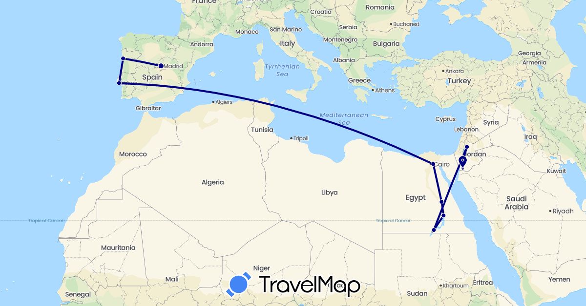 TravelMap itinerary: driving in Egypt, Spain, Jordan, Portugal (Africa, Asia, Europe)